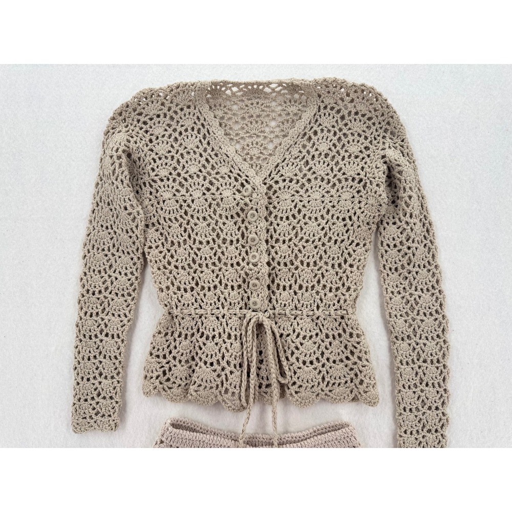 Vintage Handmade Cottage Core Crochet 2Pc Set Beige Cardigan Top‎ & A-Line Skirt - Picture 3 of 6